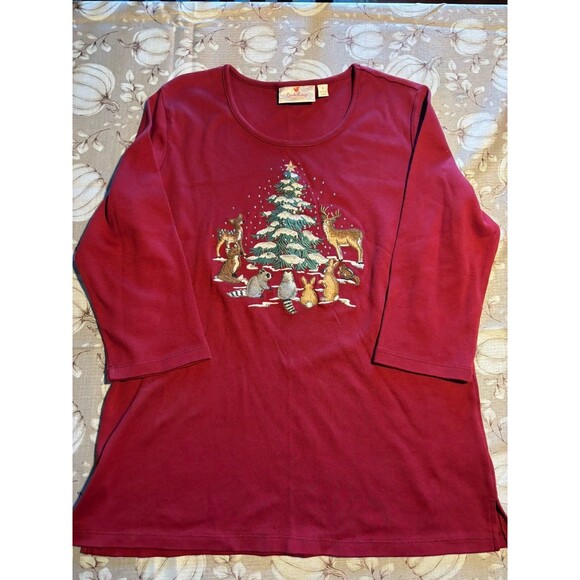 Quacker Factory Small Maroon Shirt Embroidered Animals and Pine Tree Long Sleeve - Picture 1 of 5